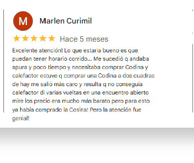 Excelente atención! Lo que estaría bueno es que puedan tener horario corrido... Me sucedió q andaba apura y poco tiempo y necesitaba comprar Codina y calefactor estuve q comprar una Codina a dos cuadras de hay me salió más caro y resulta q no conseguía calefactor di varias vueltas en una encuentro abierto mire los precio era mucho más barato pero para esto ya había comprado la Cosina! Pero la atención fue genial!